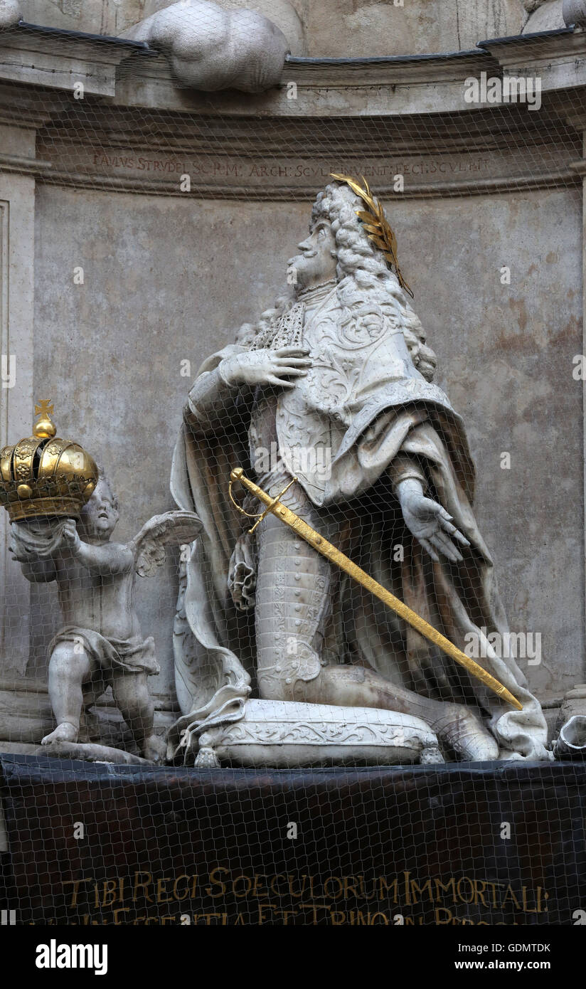 Statue of Emperor Leopold praying, Plague Monument in Vienna, Austria on October 10, 2014. Stock Photo