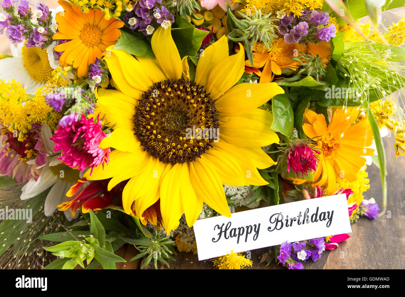 Happy Birthday Card with Bouquet of Summer Flowers Stock Photo