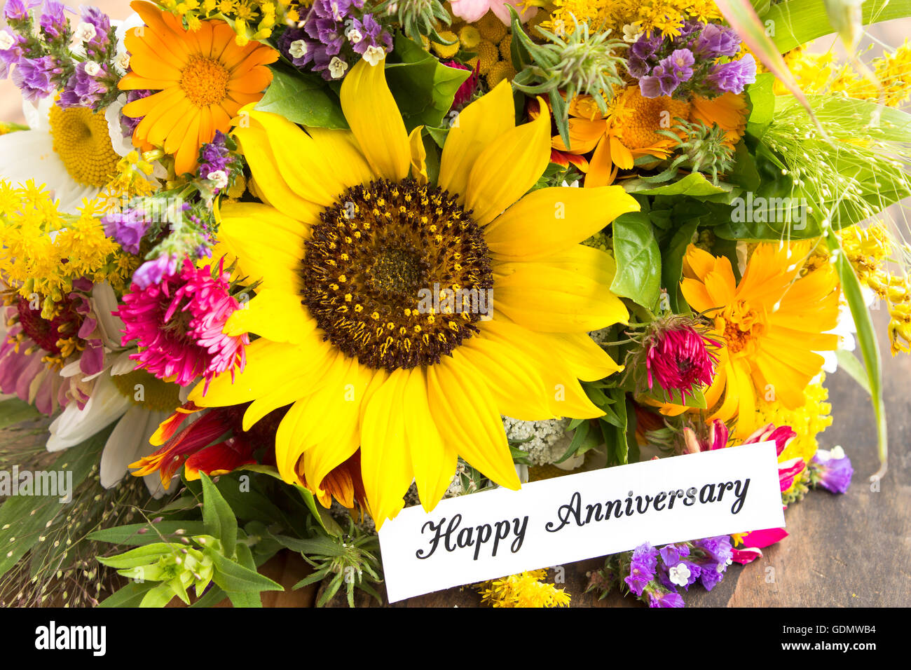 Happy Anniversary Card with Bouquet of Summer Flowers Stock Photo ...