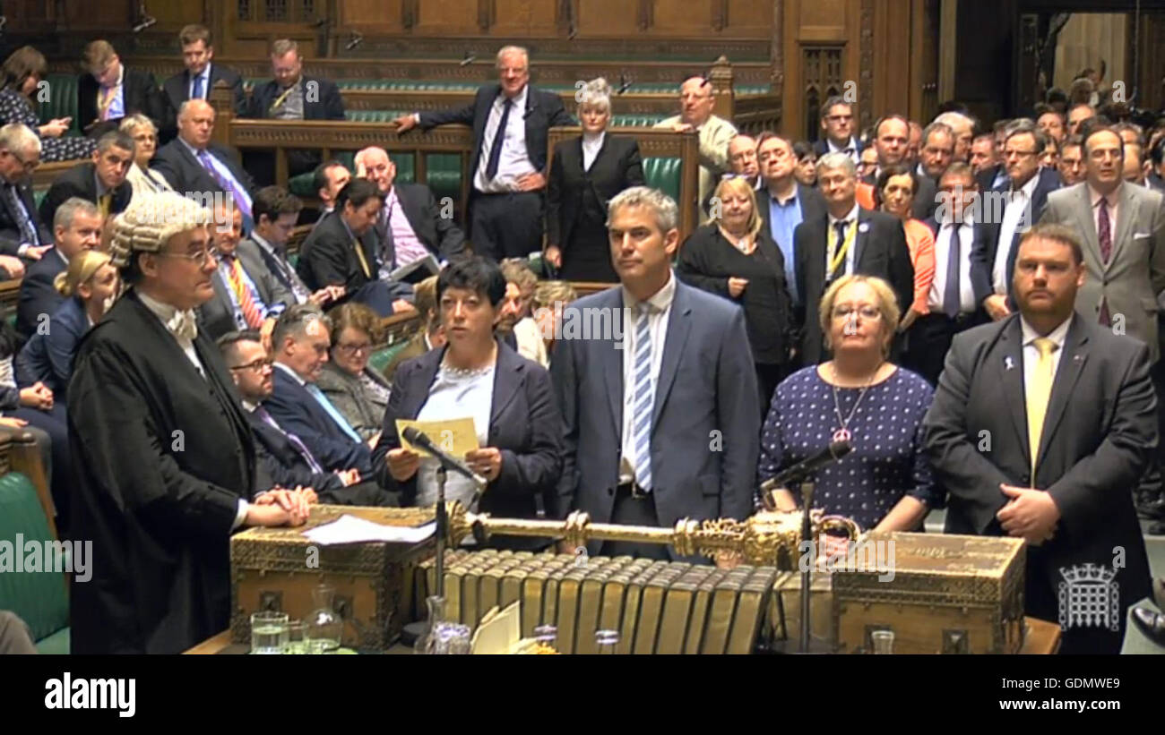 The result of a vote by MPs on whether to replace the Trident weapons system is read out in the House of Commons in London during a debate on whether to renew the Trident nuclear deterrent. Stock Photo