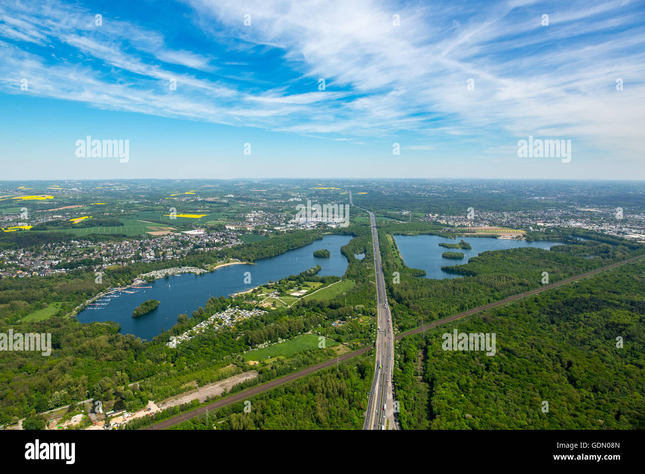 Aerial view, overview Unterbacher See, recreation area Unterbacher See, Düsseldorf, Autobahn A46, Niederrhein Stock Photo