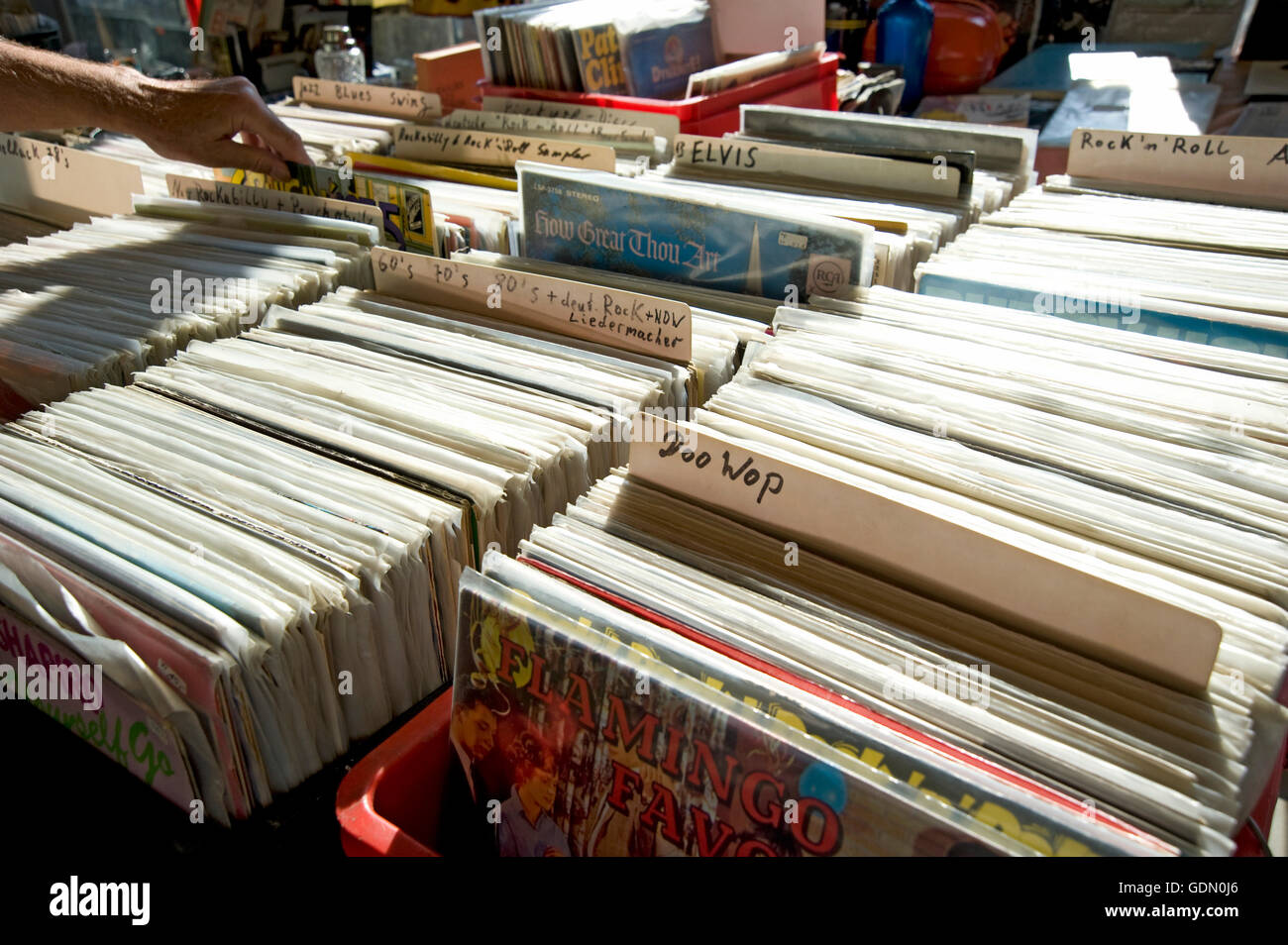 Old rock and roll records at a flea market at the European Elvis Festival in Bad Nauheim, Hesse Stock Photo