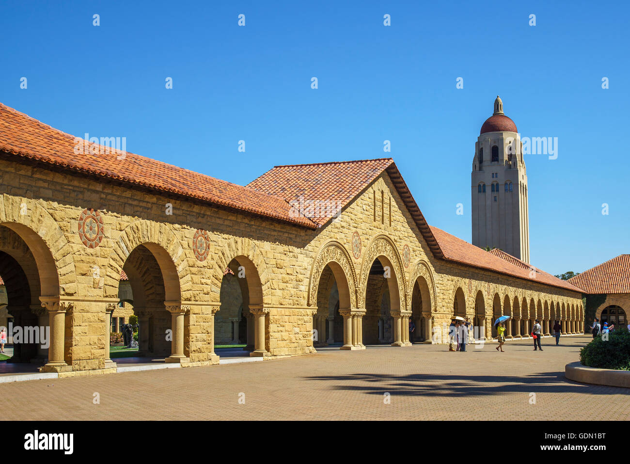 Arched Sandstone and Tile Roof Buildings on the Stanford Main Quad with Hoover Tower in the background a Sunny Cloudless day Stock Photo