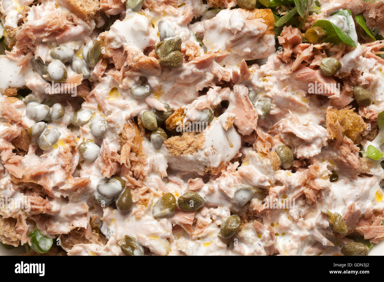 Tuna salad with caper, mayonnaise and spinach Stock Photo Alamy