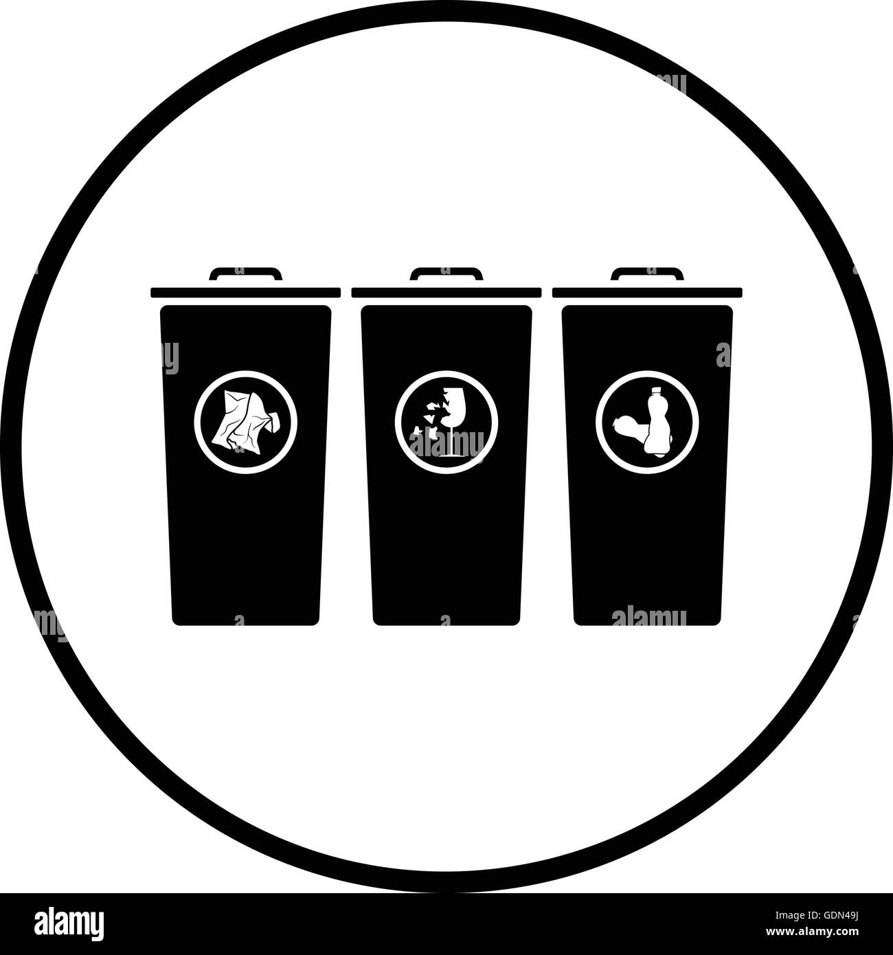 Garbage containers with separated trash icon. Thin circle design
