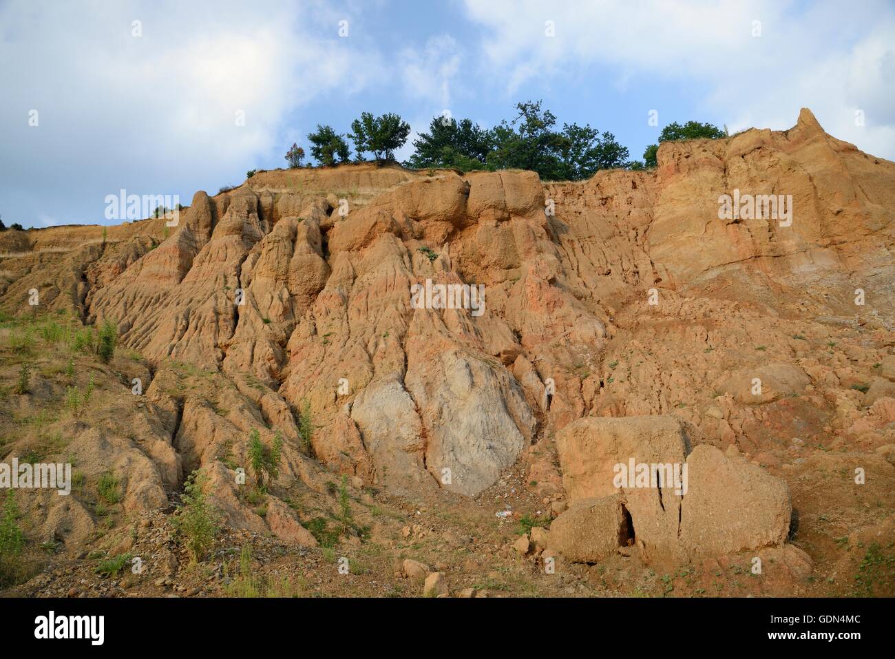 Heavily eroded, weathered soft sandstone / conglomerate cliffs, near Foca, Bosnia and Herzegovina, July. Stock Photo