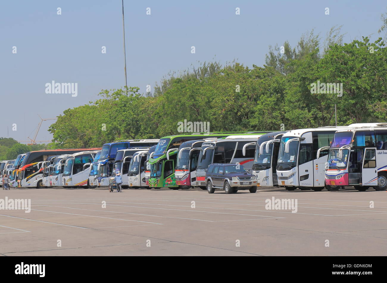 Tourist buses parked at Dusit Palace in Bangkok Thailand. Stock Photo