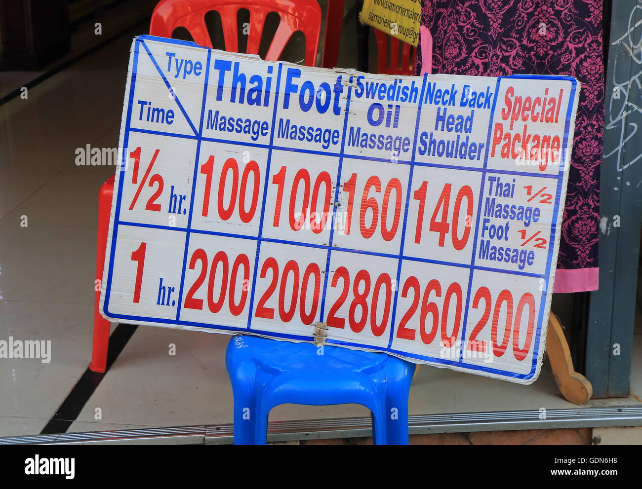 Thai massage price list in Bangkok Thailand Stock Photo - Alamy