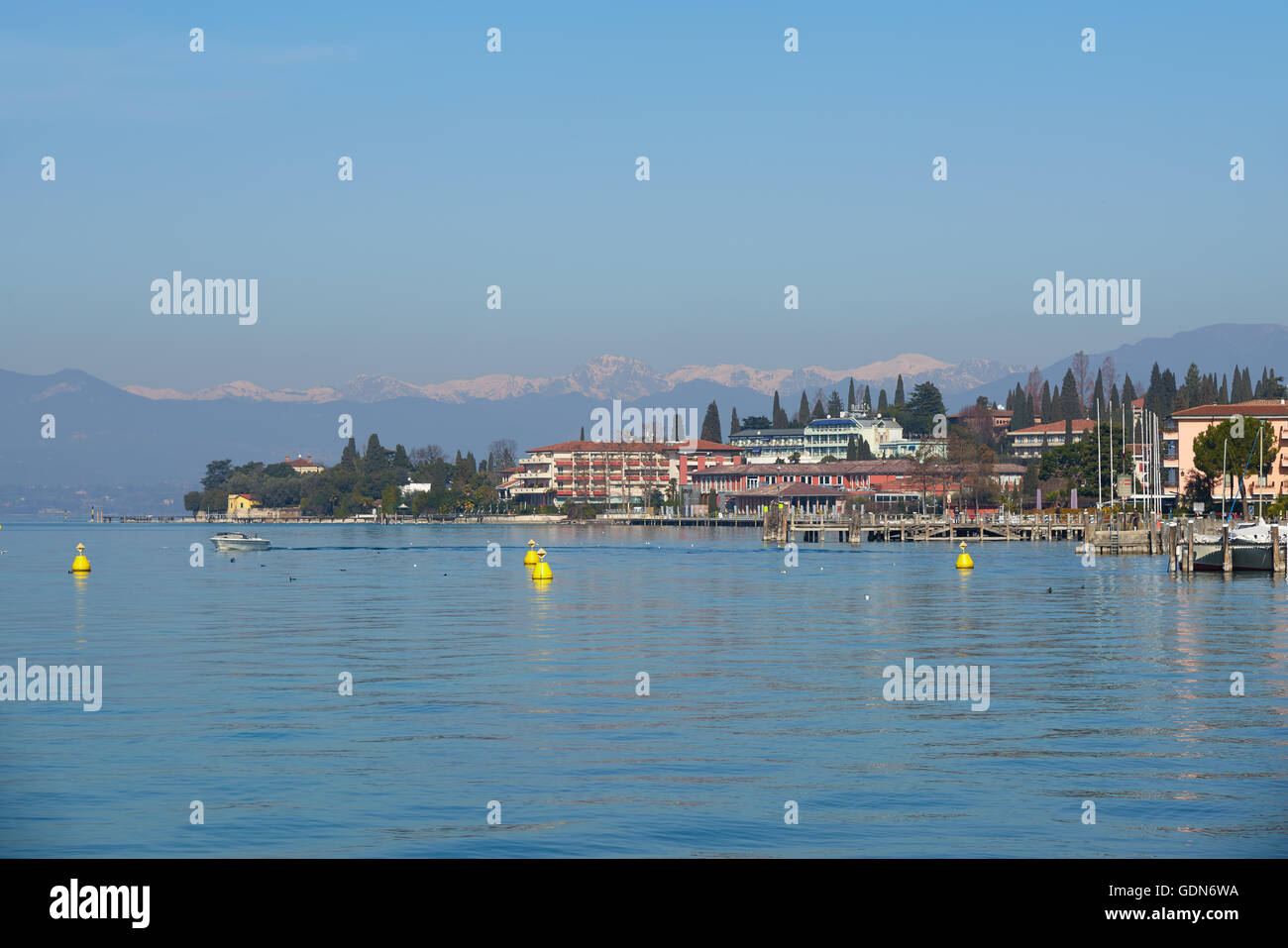 landscape of coastline of Sirmione in a winter. Sirmione is a famous vacation place in the northern Italy. Stock Photo