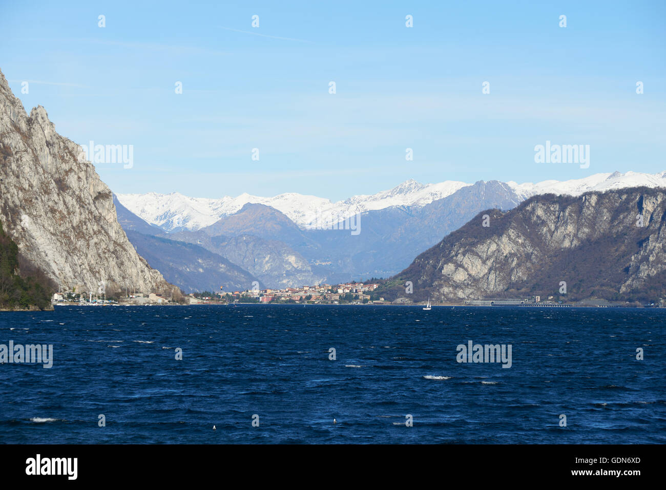 Landscape of Lake Como which is is a lake of glacial origin and a very popular tourist attraction in Lombardy, Italy. Stock Photo