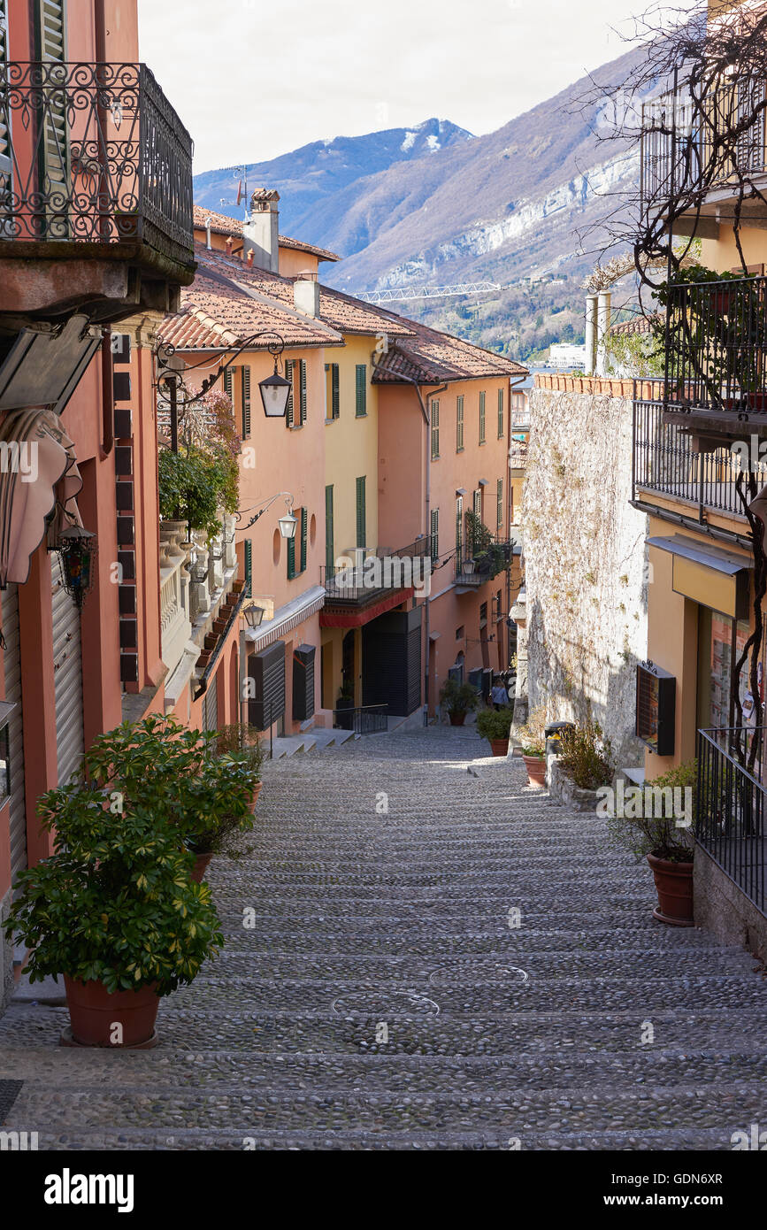 picturesque old alley in Bellagio. Bellagio is situated upon the cape of the land in Lake Como in Italy. Stock Photo