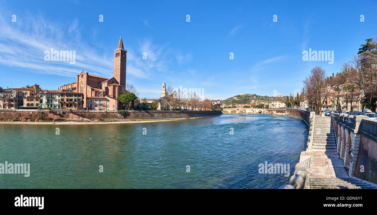 Sant'Anastasia, a church of the Dominican Order with the Adige River. In Gothic style. Stock Photo