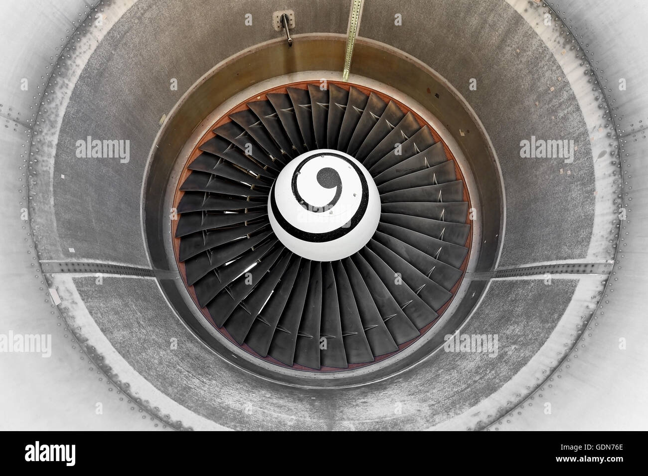 Detail with big propeller inside airplane engine housing Stock Photo