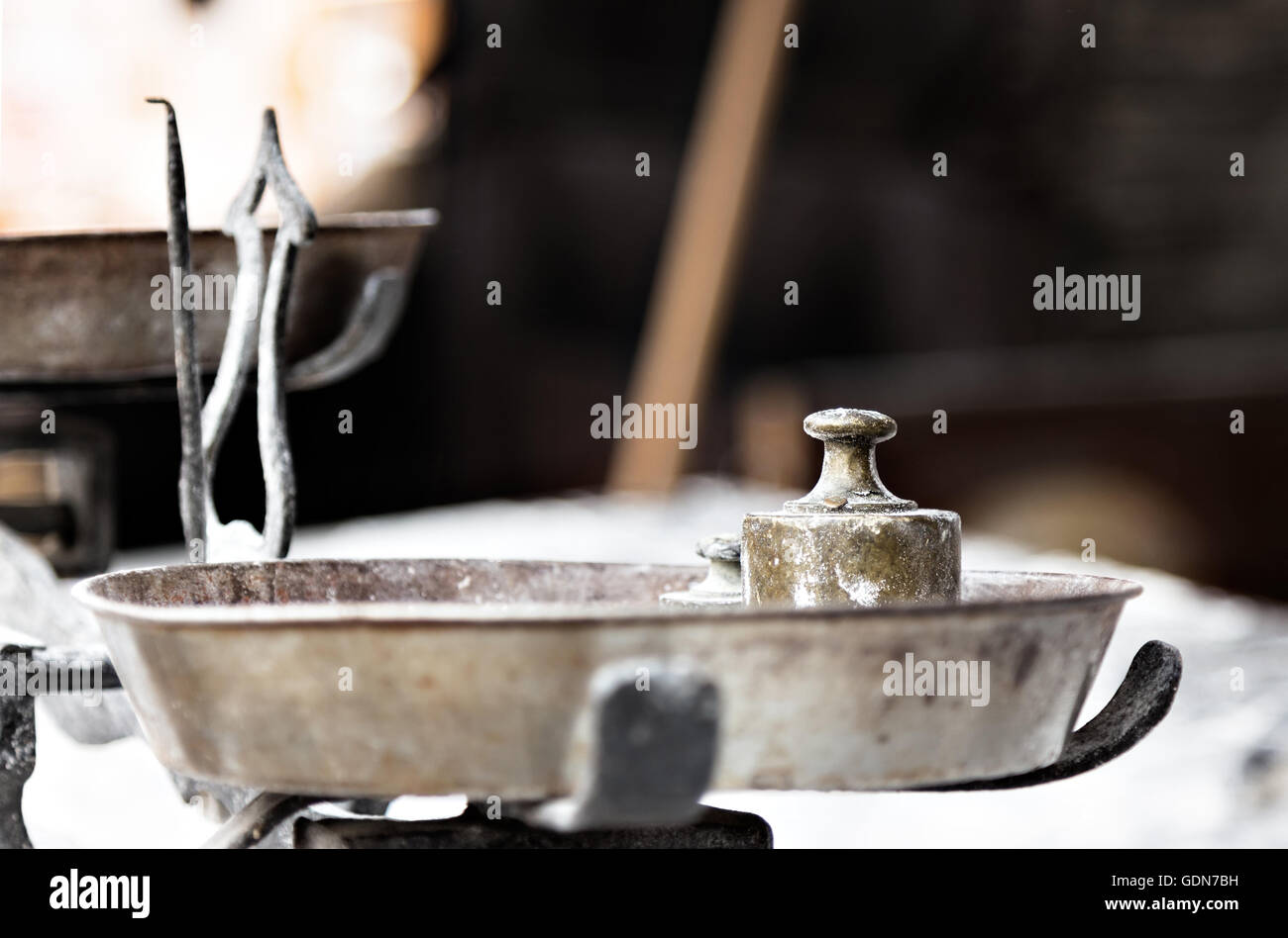 Steelyard  with weights on a traditional craftsman market.Horizontal image. Stock Photo