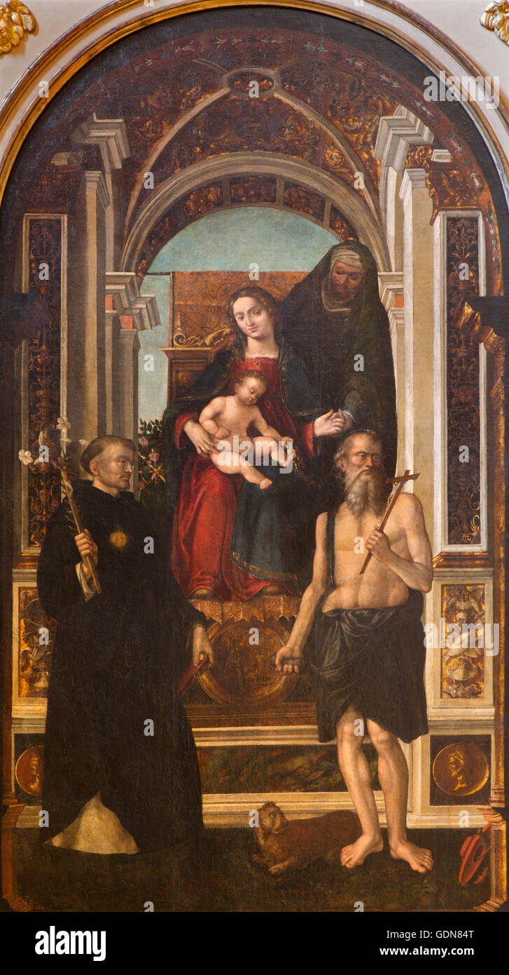 CREMONA, ITALY - MAY 25, 2016: The painting of Madonna, St. Jerome, St. Ann, and Nicholas of Tolentino Stock Photo