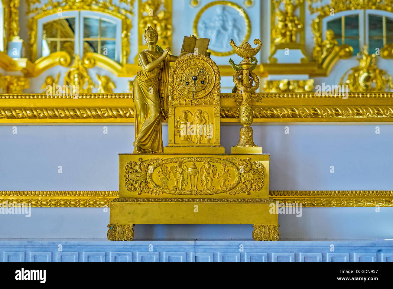 Clock In The Gold Room Catherine Palace, Pushkin, Saint Petersburg Russia Stock Photo