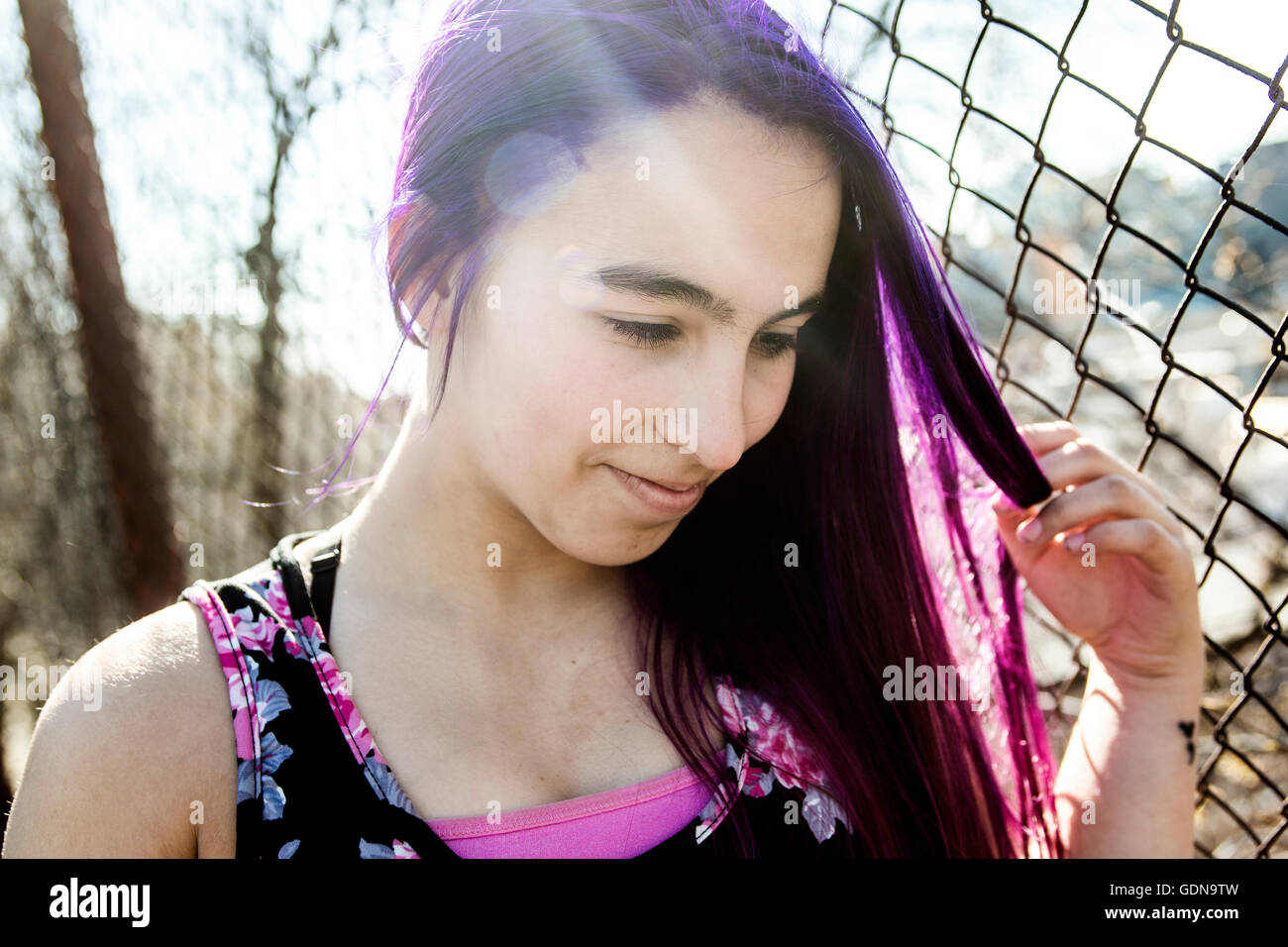 girl outside portrait with purple hair Stock Photo