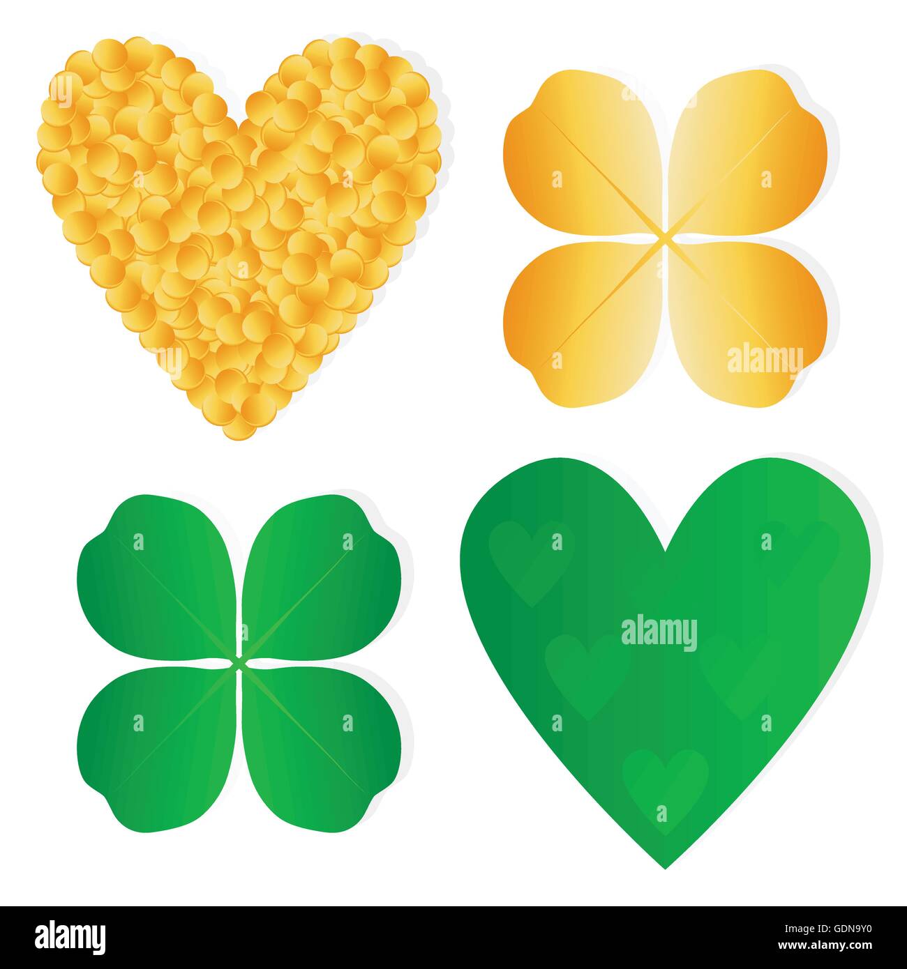 Four leaf clover shamrock luck vector and gold coins background set ...