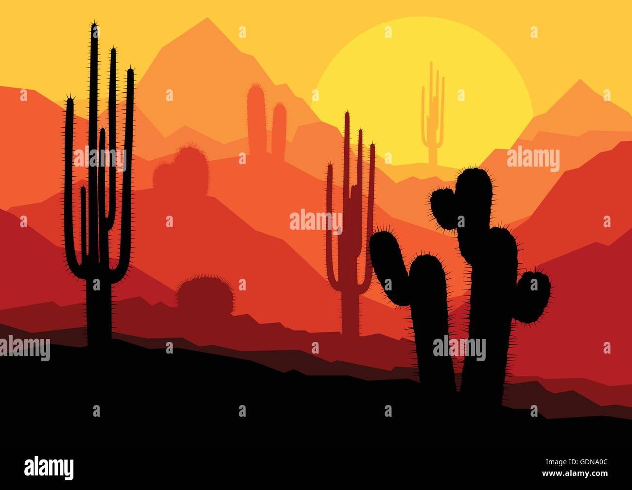 Cactus plants in Mexico desert sunset vector background Stock Vector ...