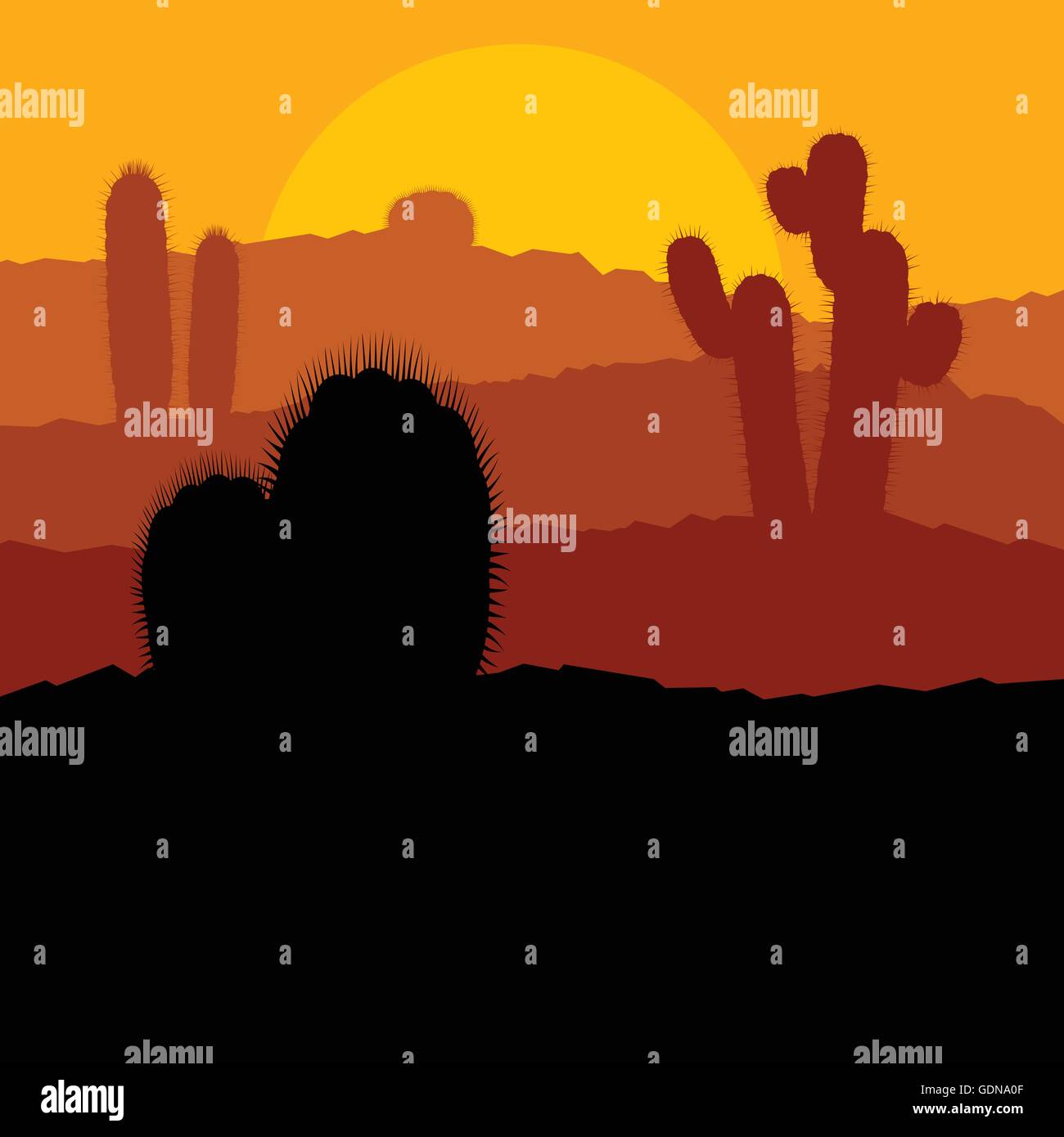 Cactus plants in Mexico desert sunset vector background Stock Vector ...
