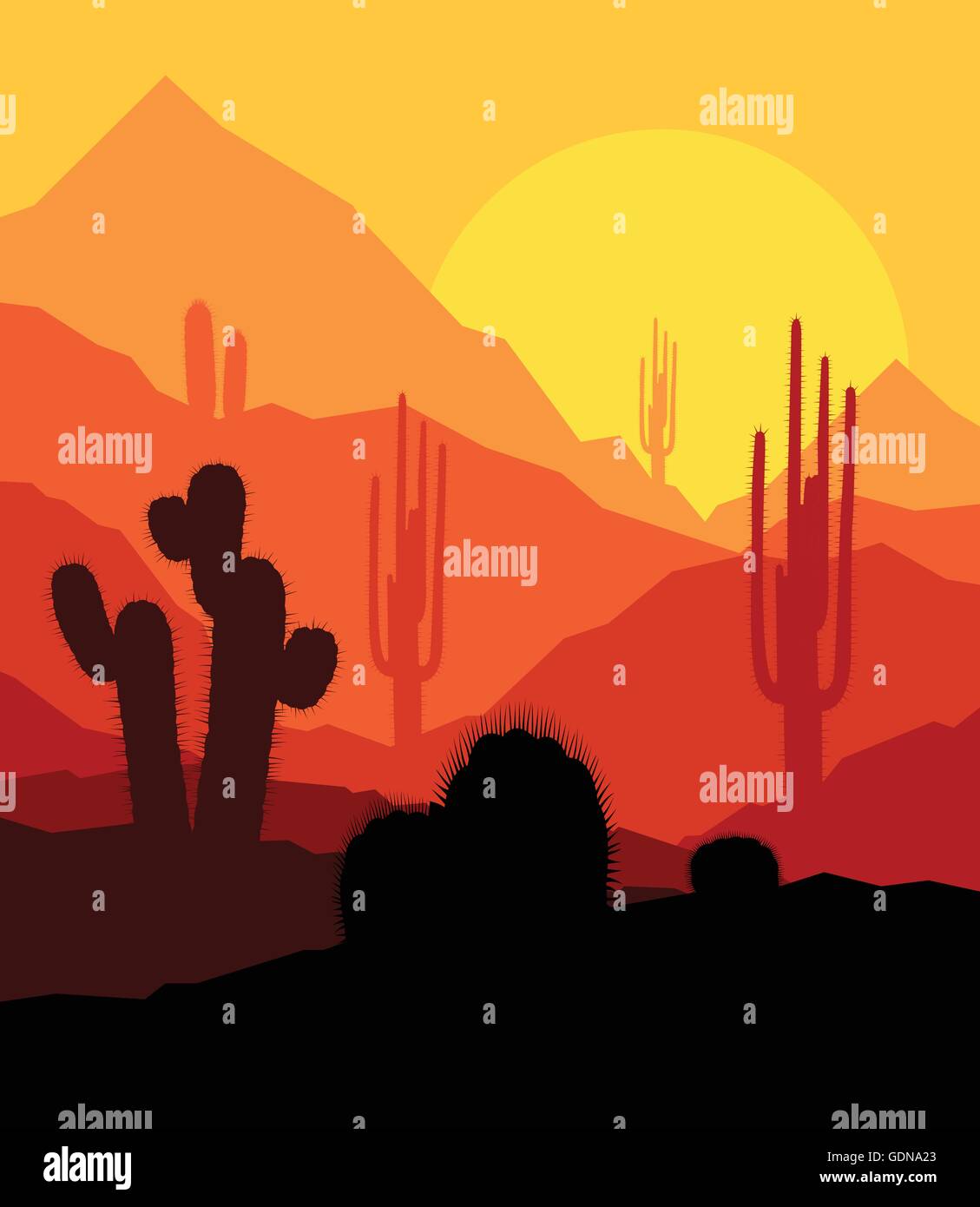 Cactus plants in desert sunset vector background for poster Stock ...