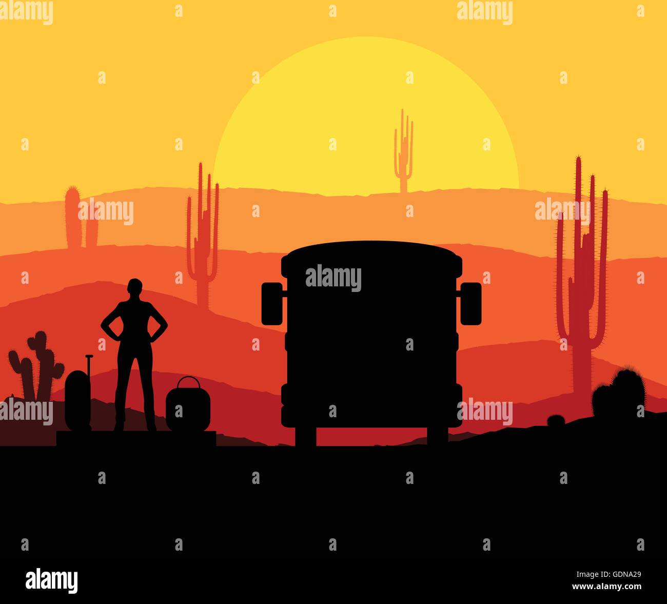 Cactus plants in desert sunset vector background with woman and bus for ...