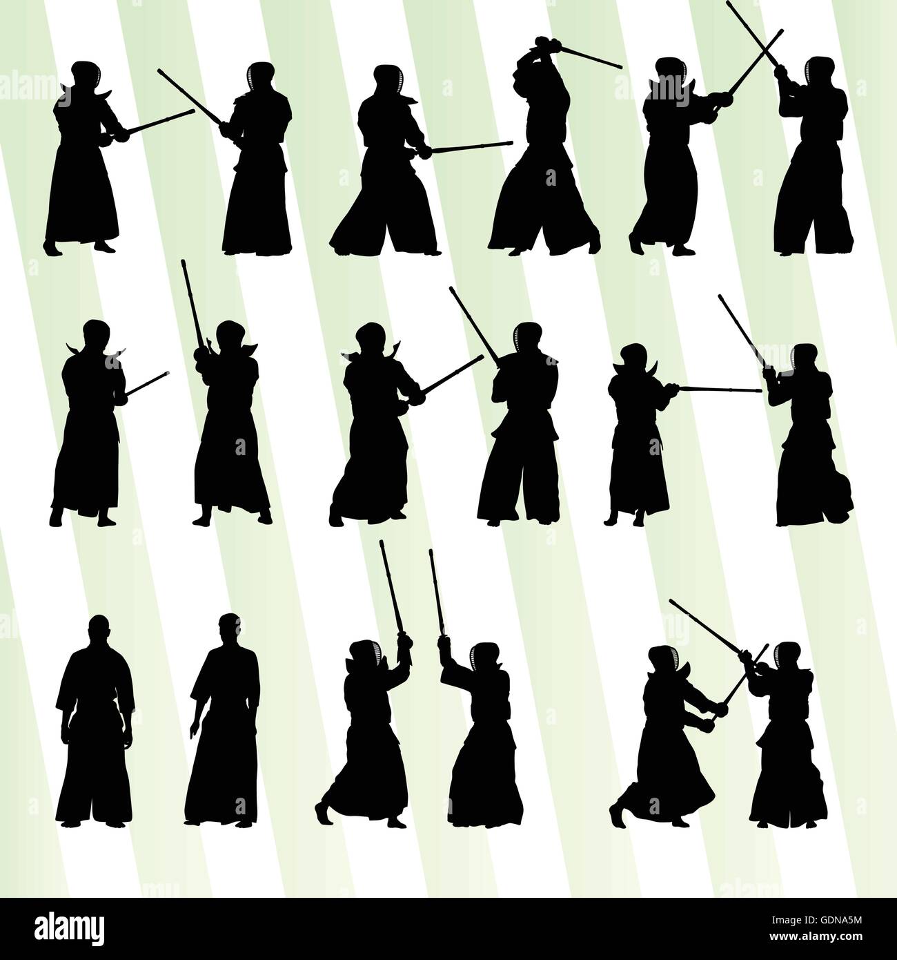 Active japanese Kendo sword martial arts fighters sport silhouettes set vector Stock Vector