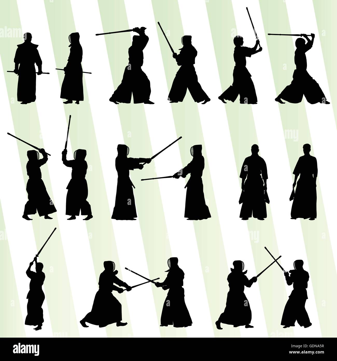 Active japanese Kendo sword martial arts fighters sport silhouettes set vector Stock Vector