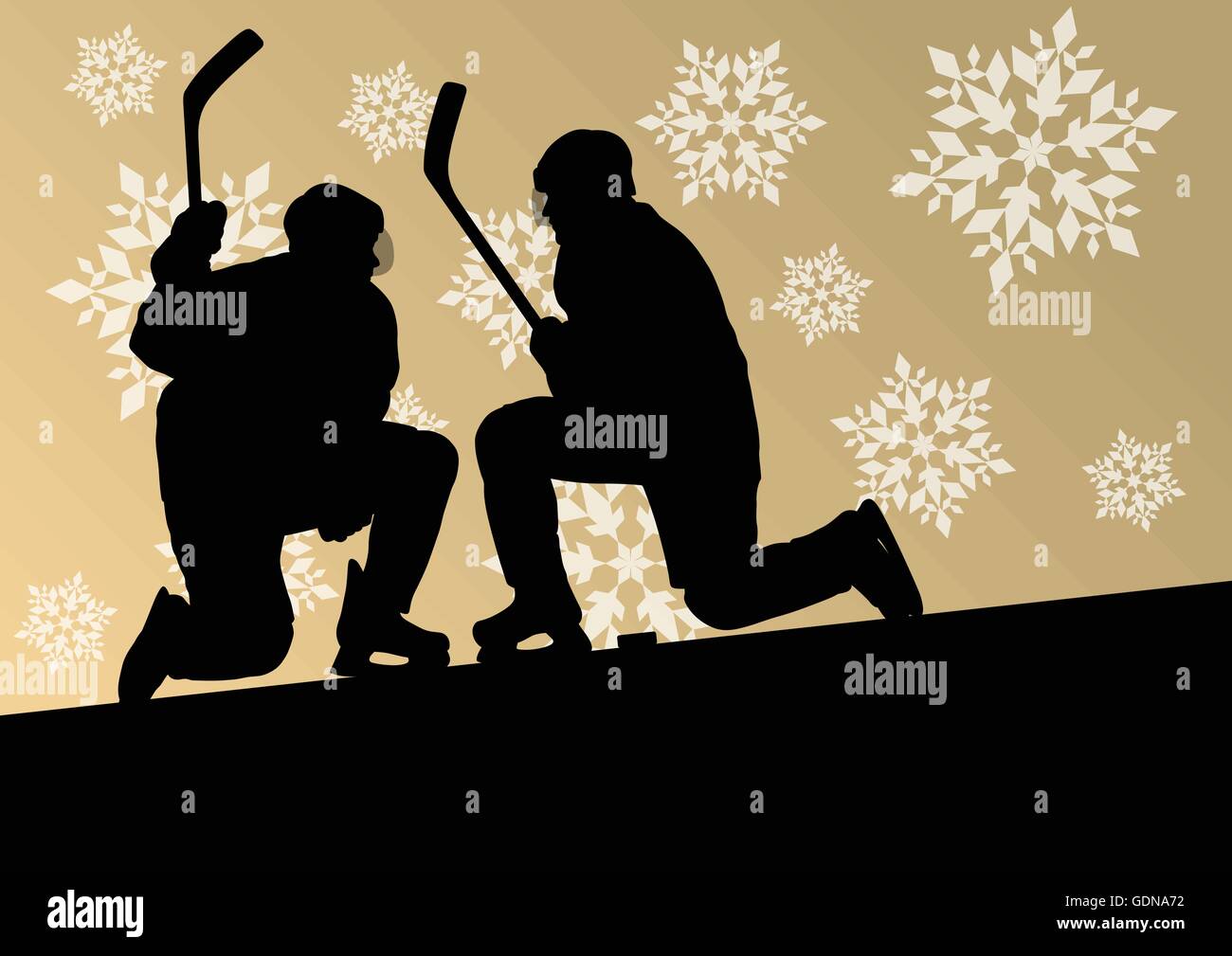 Active young men hockey players sport silhouettes in winter ice and snowflake abstract background illustration vector Stock Vector