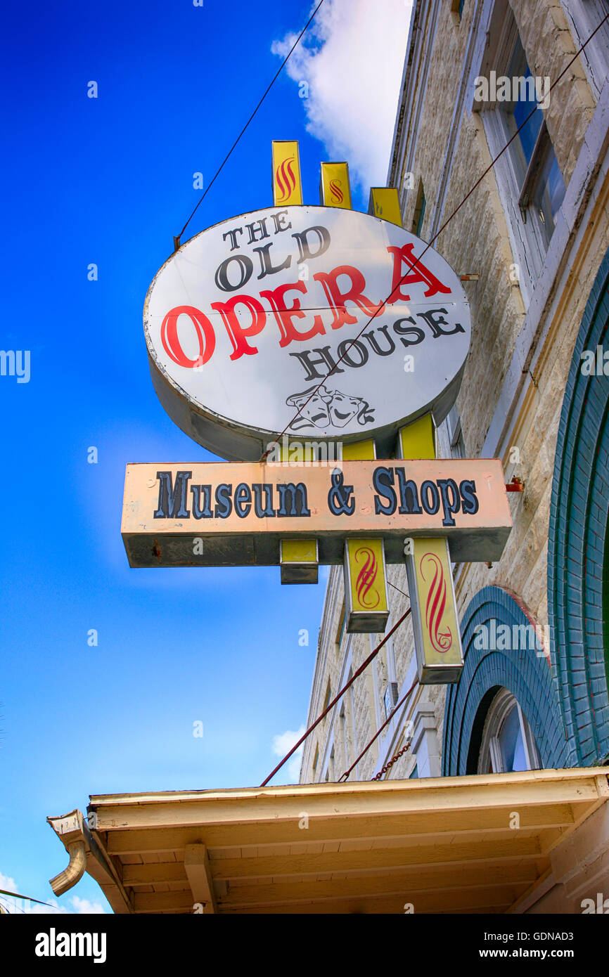 The old Opera House museum and shops sign on Oak Street in Arcadia, FL Stock Photo