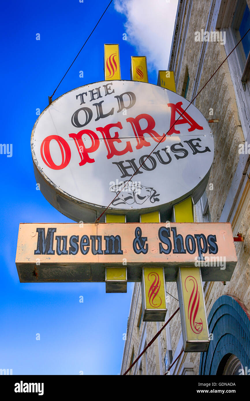 The old Opera House museum and shops sign on Oak Street in Arcadia, FL