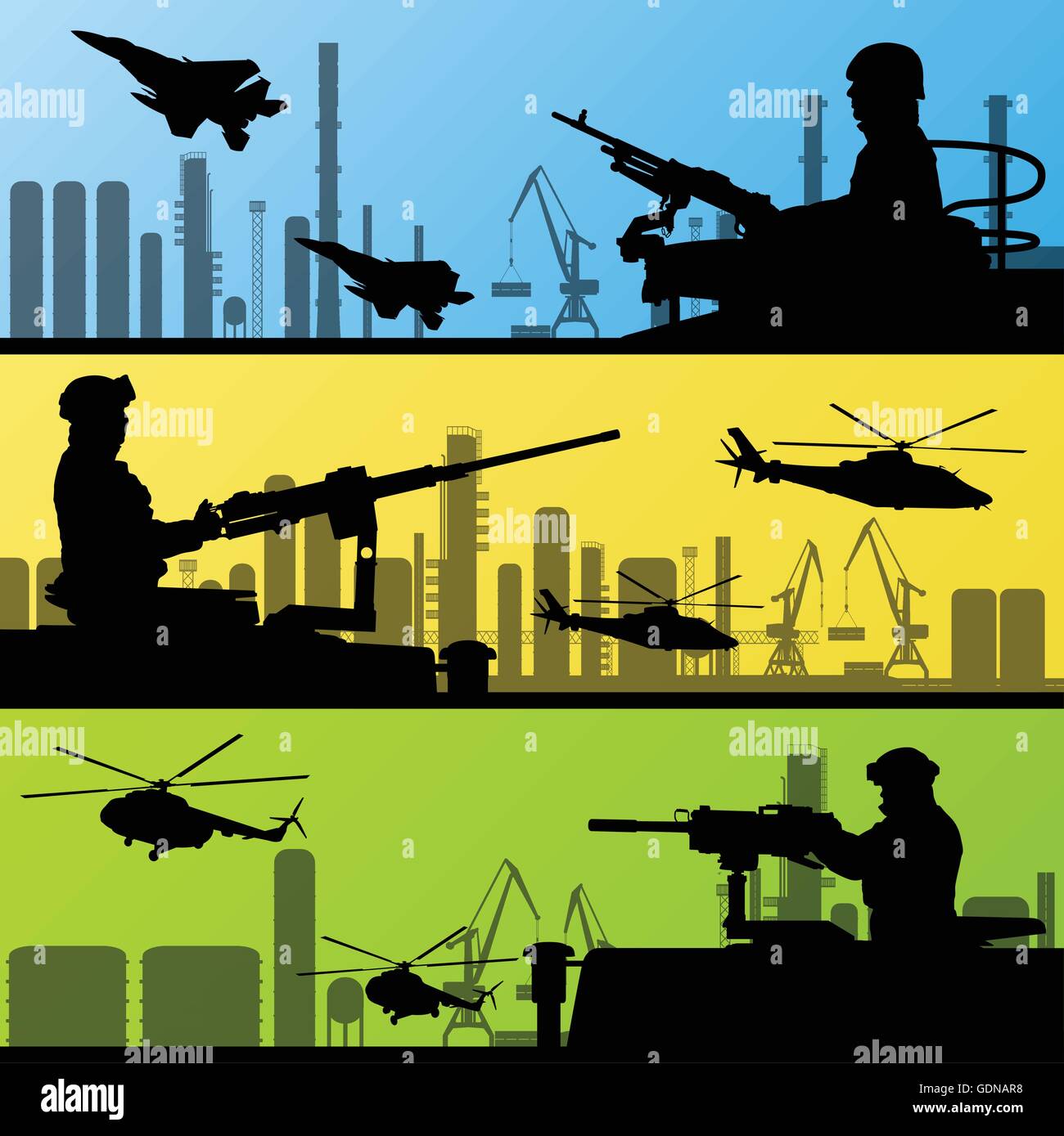 Army soldiers, planes, helicopters, guns and transportation Stock Vector