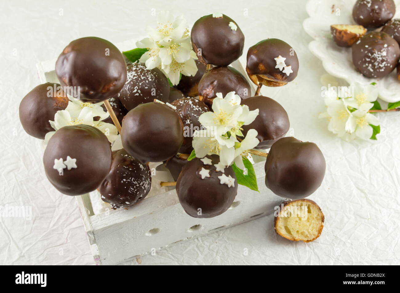 Bunch Of Chocolate Cake Pops In A Wooden Box Stock Photo 111722434
