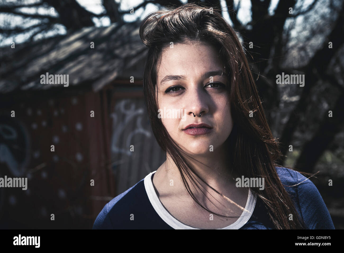 Girl by Old Barn Stock Photo - Alamy