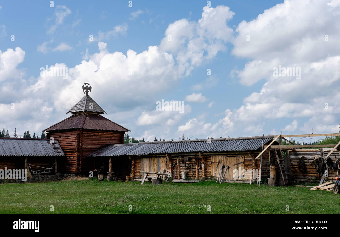 Semiluzhenski kazak ostrog - Russian small wooden fort,  Ostrog is encircled by 4–6 metres high palisade walls made from sharpen Stock Photo