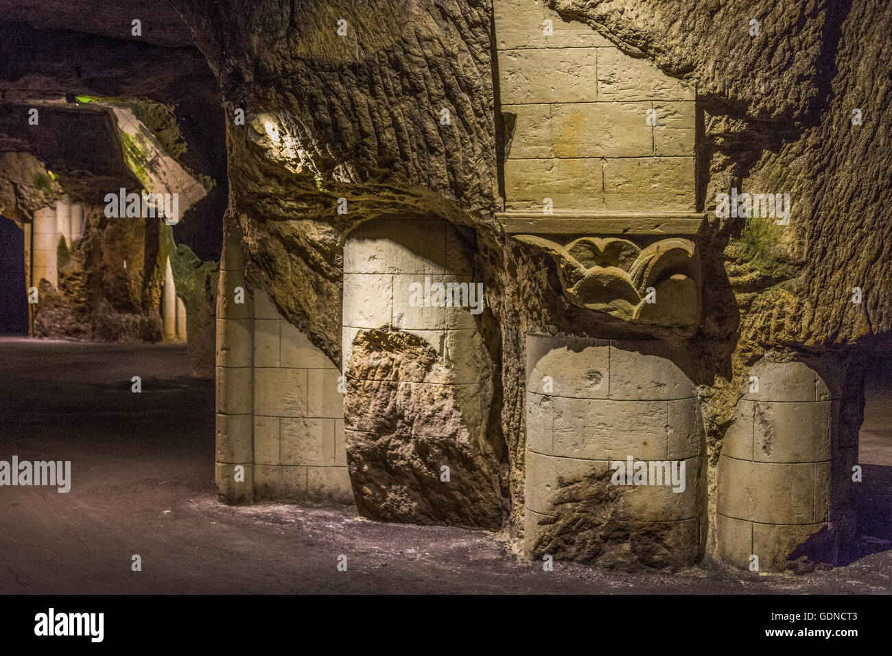 old wine cellars in caves with scultures of artiste Philippe Cormand, Bouvet-Ladubay winery at Saumur, France Stock Photo