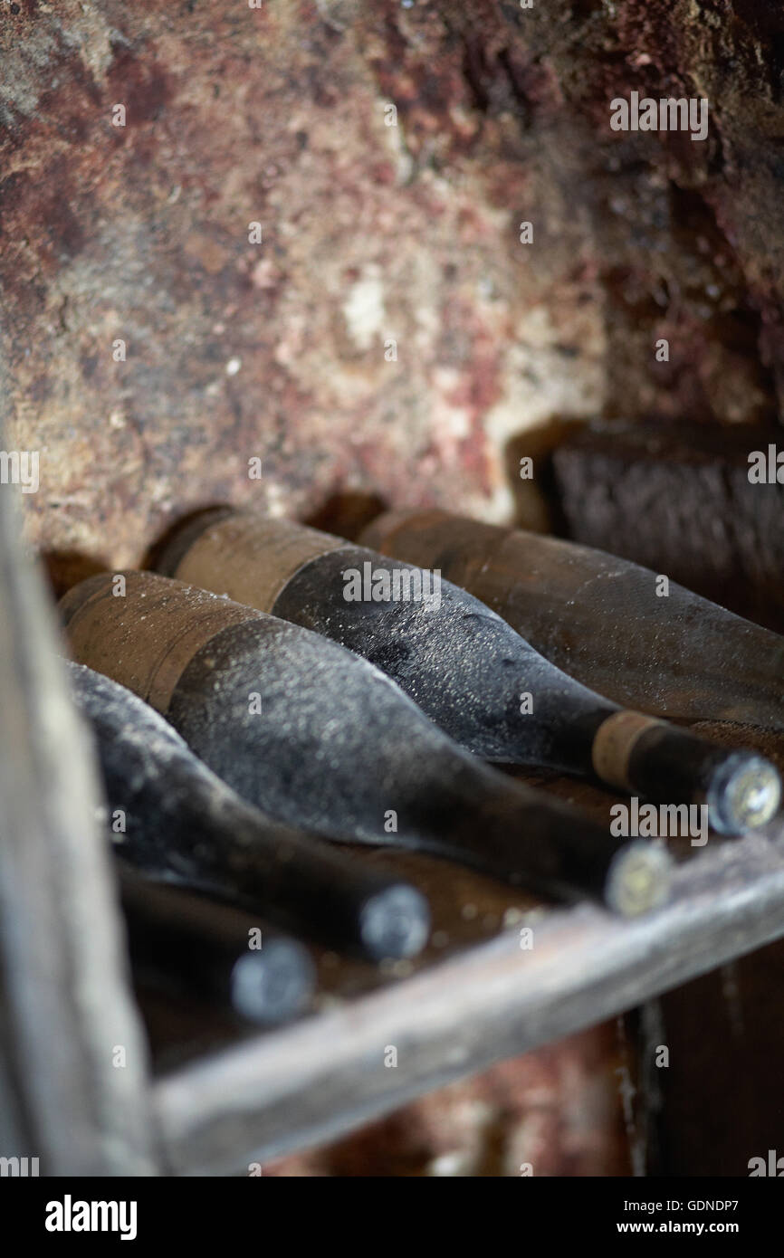 Row of vintage bottles of wine in Hungarian wine cellar Stock Photo