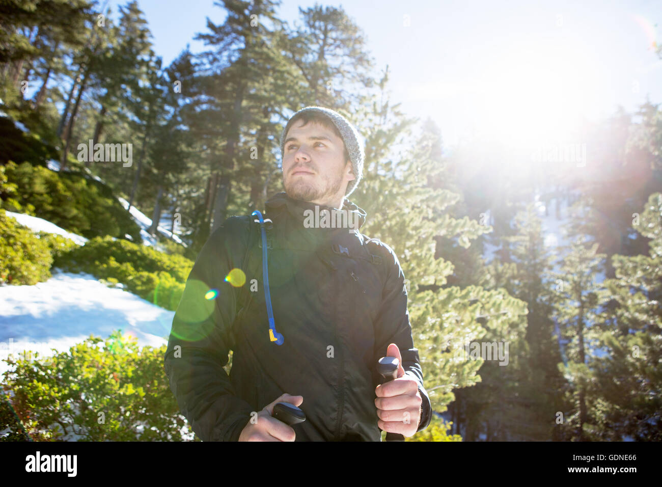 Hiker enjoying view, Mount Baldy, California Stock Photo