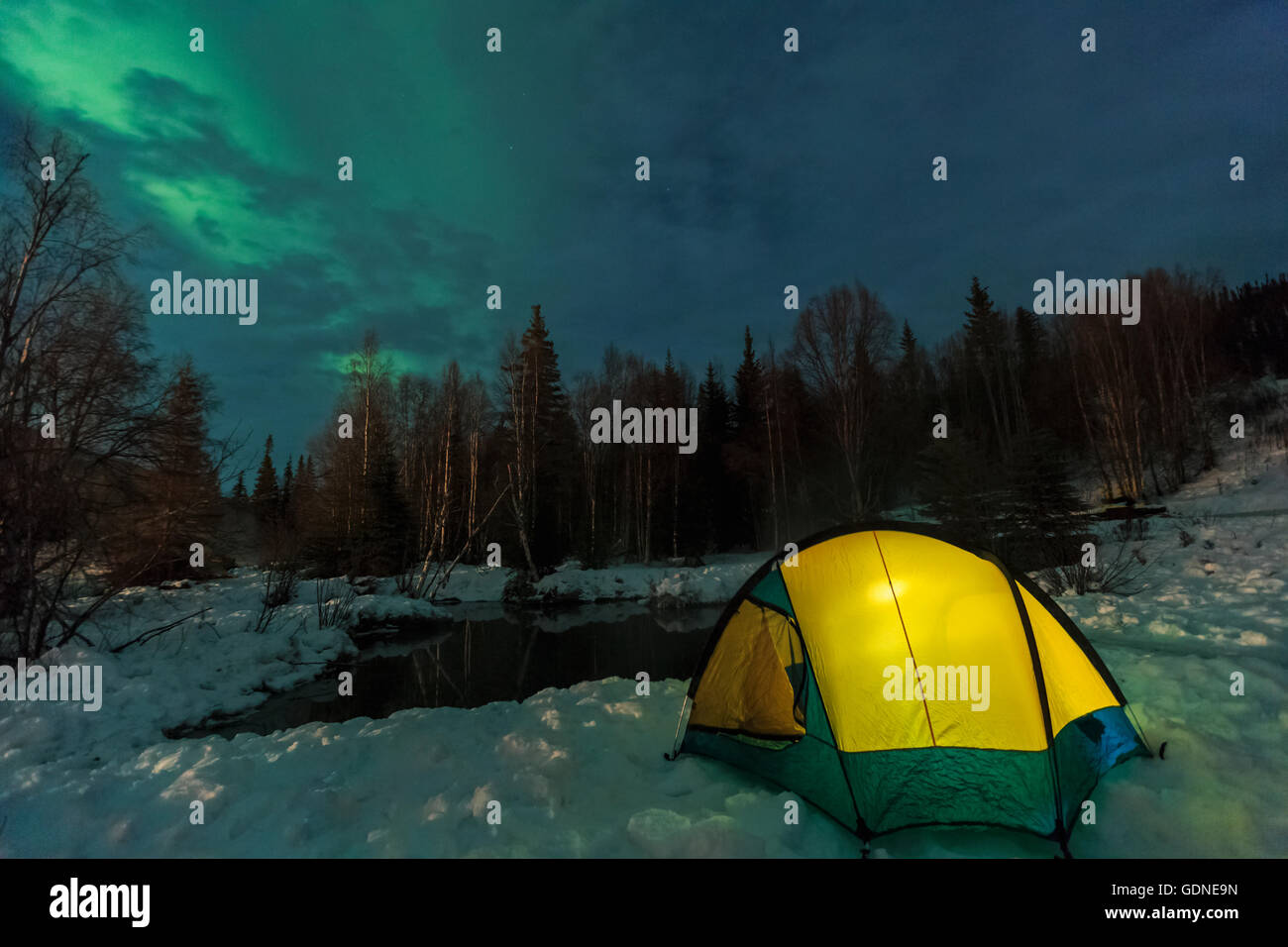 Aurora borealis, Northern Lights above tent lit up with lantern, near Chena  Resort, near Fairbanks, Alaska Stock Photo - Alamy