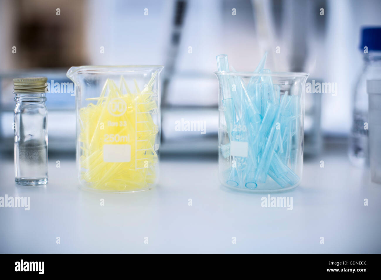 Glass beakers filled with test tubes, still life, close-up Stock Photo