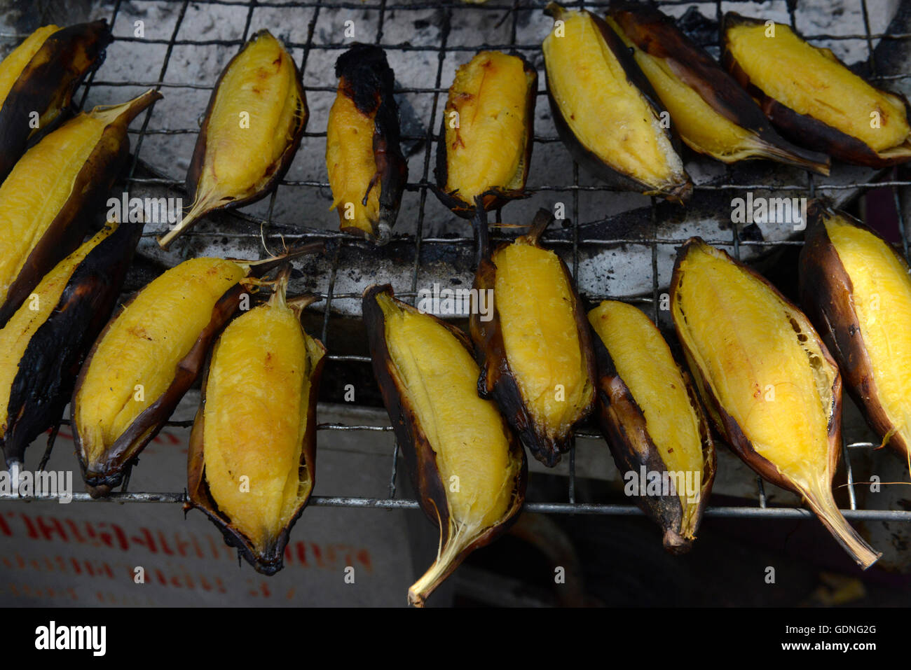 grill Bananas on a Market in Banglamphu in the city of Bangkok in Thailand in Southeastasia. Stock Photo