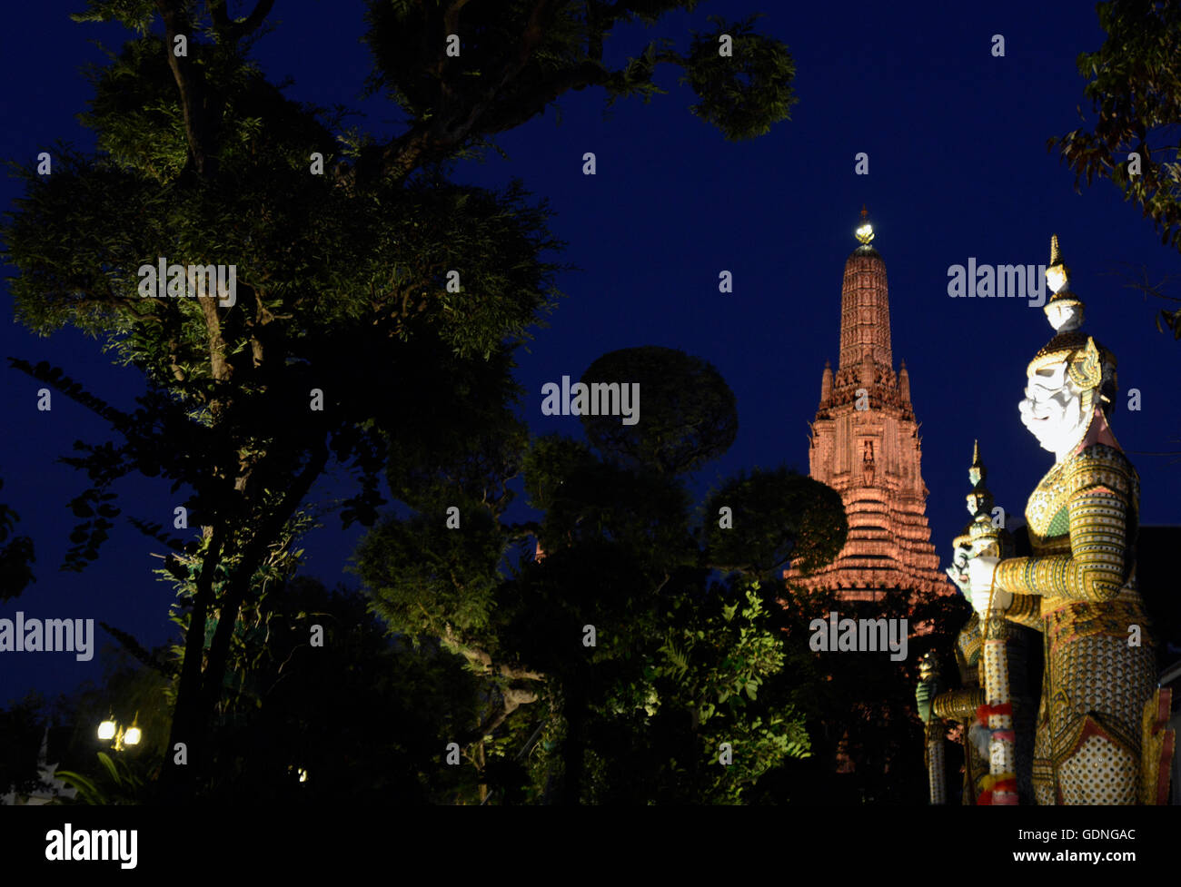 the temple of Wat arun at the Chao Phraya river in the city of Bangkok in Thailand in Southeastasia. Stock Photo