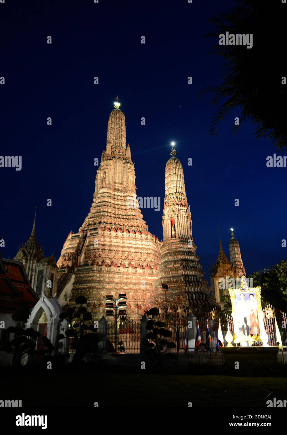 the temple of Wat arun at the Chao Phraya river in the city of Bangkok in Thailand in Southeastasia. Stock Photo