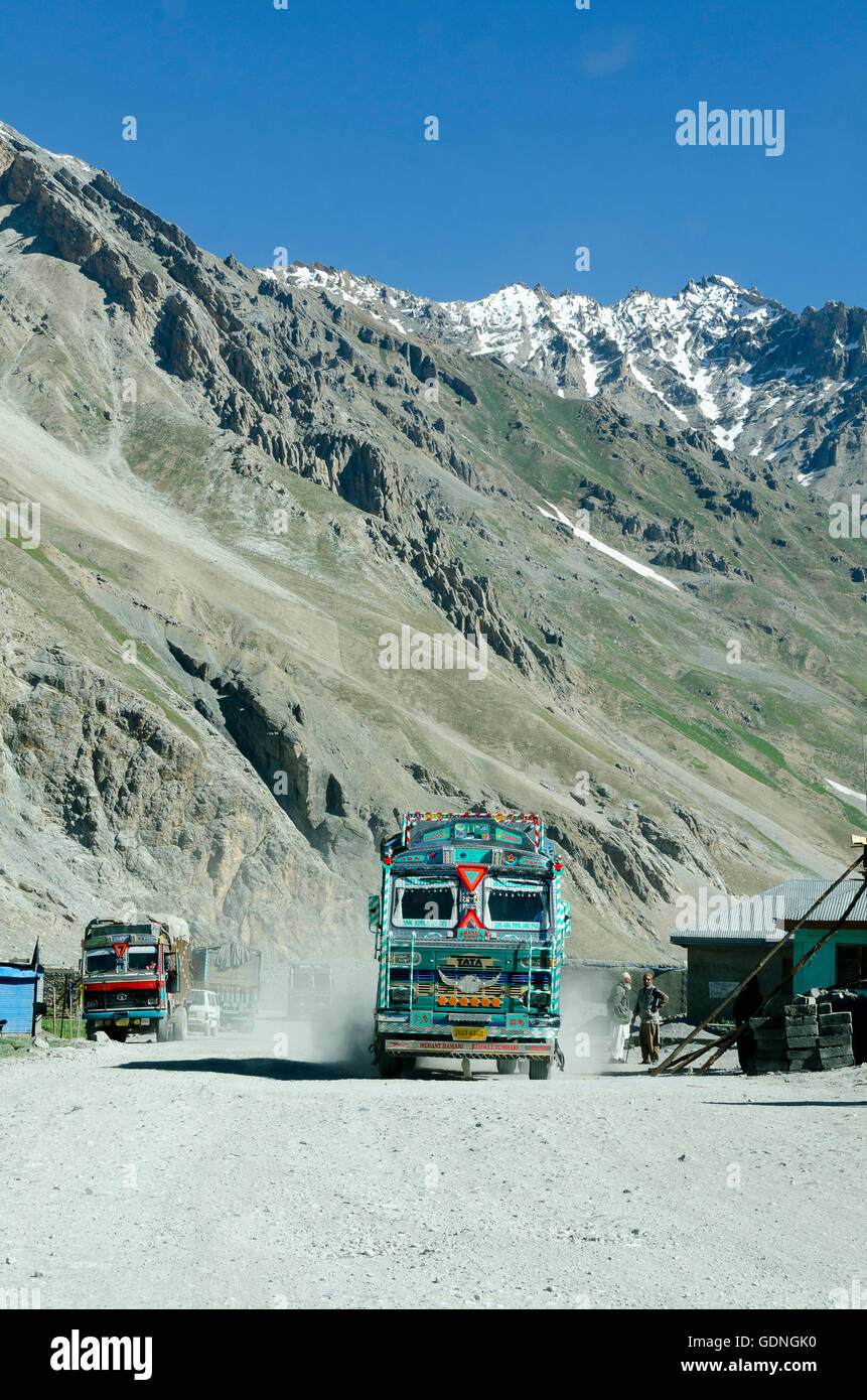 Ornately decorated truck,  Zojila Pass road, Leh to Srinagar Road, Ladakh, Jammu and Kashmir, India Stock Photo