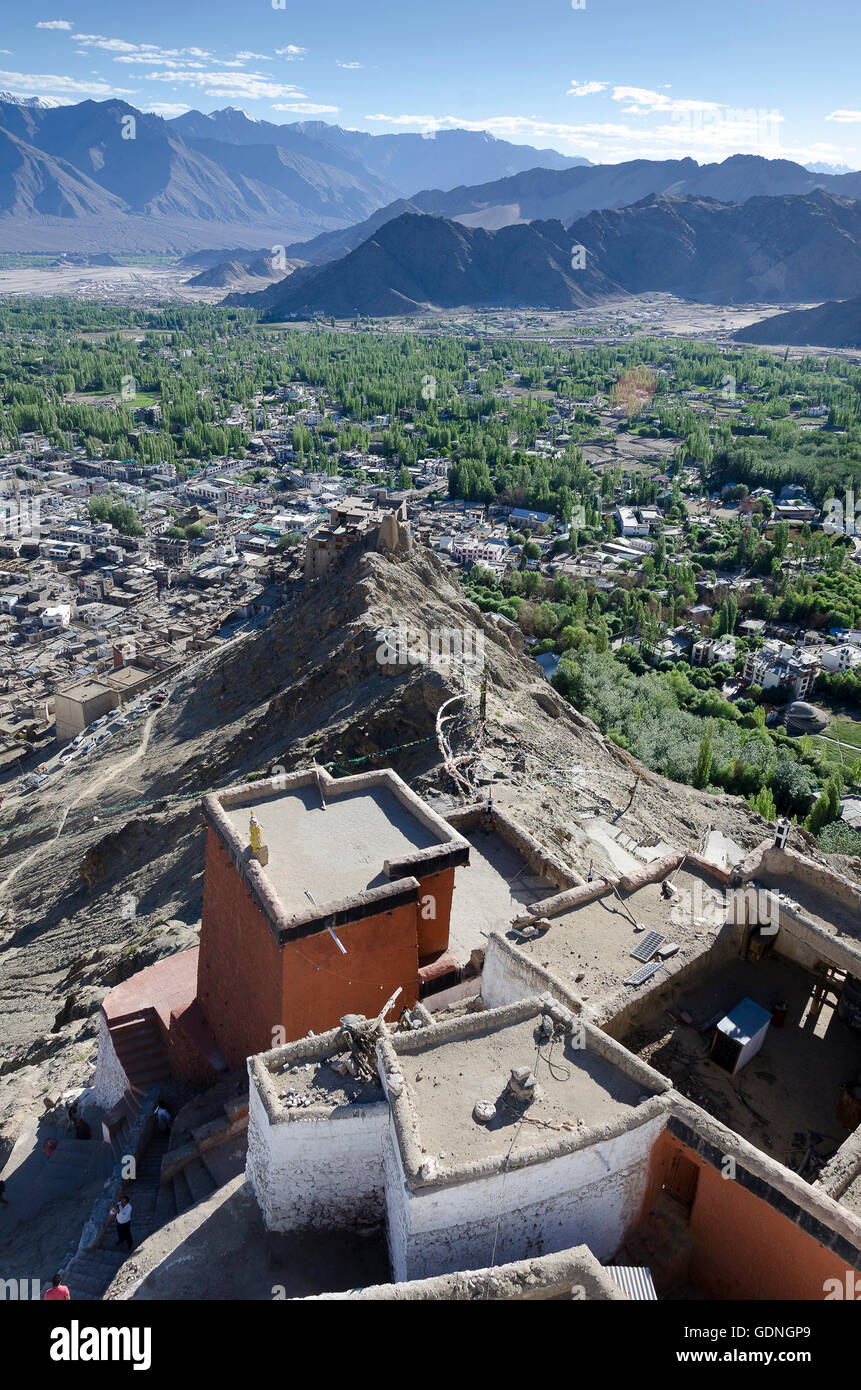 Looking down on rooves of Leh Palace and old town, Leh, Ladakh, Jammu