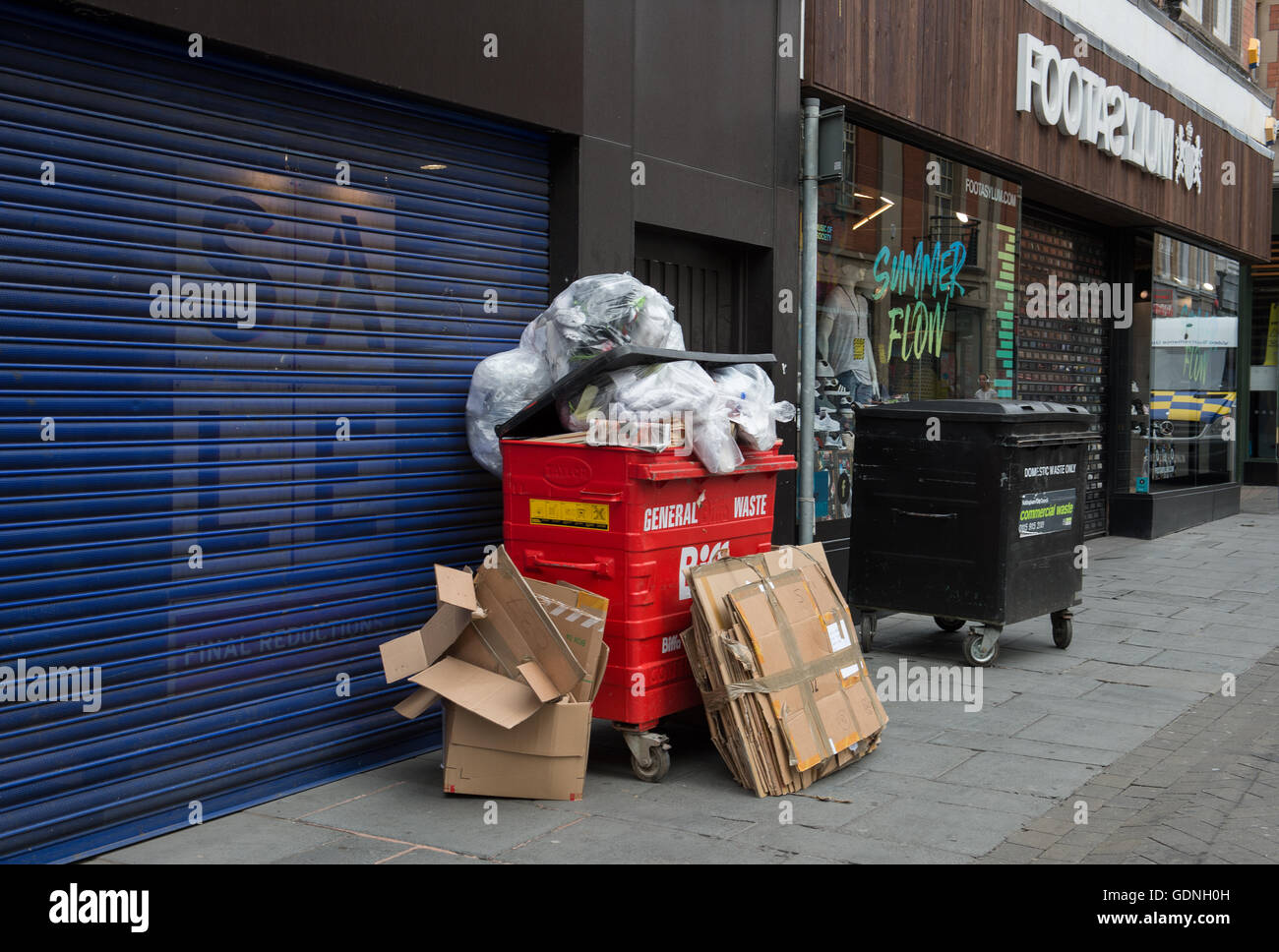 refuse Sacks Piled up on wheelie bin on Clumber street Nottingham Stock