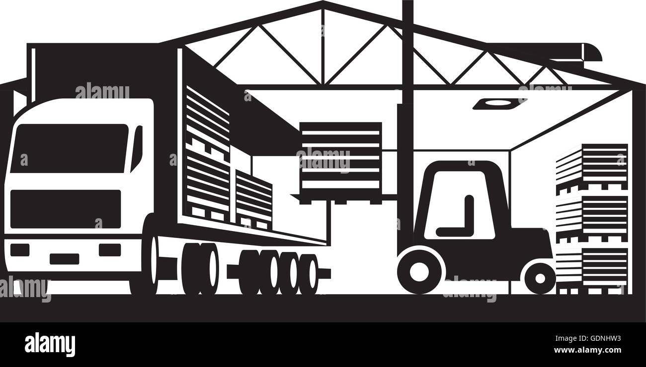 Forklift loads truck with pallets of goods in warehouse ...