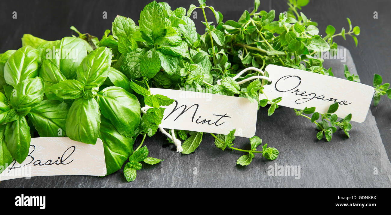 Aromatic herbs bunch , basil, mint and oregano with labels Stock Photo