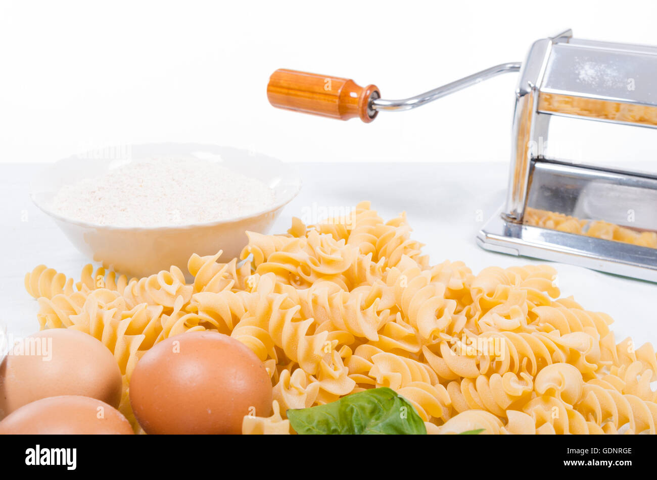 Fusilli pasta made by hand in the kitchen with natural ingredients