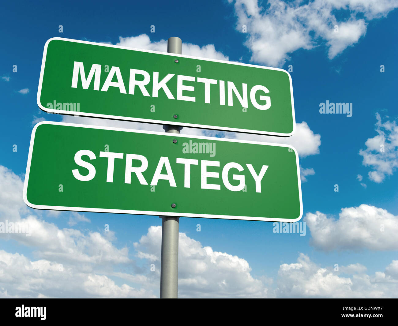 A road sign with marketing strategy words on sky background Stock Photo